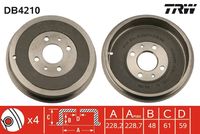 TRW DB4210 - Lado de montaje: Eje trasero<br>Número de orificios: 4<br>Superficie: revestido<br>Diámetro de tambor [mm]: 228,5<br>