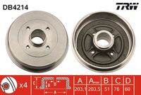 TRW DB4214 - Lado de montaje: Eje trasero<br>H tamb. freno interna [mm]: 50,5<br>Número de orificios: 4<br>Artículo complementario / información complementaria 2: con cojinete rueda<br>Superficie: revestido<br>Diámetro de tambor [mm]: 204,5<br>