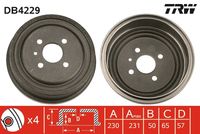 TRW DB4229 - Lado de montaje: Eje trasero<br>Dinámica de frenado / conducción: para vehículos sin ABS<br>Diámetro de tambor [mm]: 200,0<br>Rebajado máx. tambor de freno [mm]: 201<br>H tamb. freno interna [mm]: 53<br>H tamb. freno total [mm]: 67<br>Número de orificios: 4<br>Diámetro exterior del tambor de freno [mm]: 242<br>Diámetro de centrado [mm]: 57<br>corona de agujeros - Ø [mm]: 100<br>Diámetro de orificio 1 [mm]: 14,5<br>Diámetro de orificio 2 [mm]: 10,3<br>SVHC: No hay información disponible, diríjase al fabricante.<br>