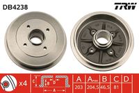 TRW DB4238 - Lado de montaje: Eje trasero<br>año construcción desde: 06/1996<br>Diámetro interior de tambor de freno [mm]: 180<br>Rebajado máx. tambor de freno [mm]: 181<br>H tamb. freno interna [mm]: 45<br>Número de orificios: 4<br>corona de agujeros - Ø [mm]: 108<br>Artículo complementario / información complementaria 2: con apoyo<br>Artículo complementario / información complementaria 2: sin anillo sensor ABS<br>SVHC: No hay información disponible, diríjase al fabricante.<br>