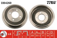 TRW DB4260 - Lado de montaje: Eje trasero<br>Espesor [mm]: 40<br>Número de piezas necesarias: 2<br>Diámetro interior de tambor de freno [mm]: 200<br>