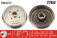 TRW DB4272 - Lado de montaje: Eje trasero<br>Dinámica de frenado / conducción: para vehículos con ABS<br>Diámetro de tambor [mm]: 200,0<br>Rebajado máx. tambor de freno [mm]: 201<br>H tamb. freno interna [mm]: 53<br>H tamb. freno total [mm]: 67<br>Número de orificios: 4<br>Diámetro exterior del tambor de freno [mm]: 242<br>Diámetro de centrado [mm]: 57<br>corona de agujeros - Ø [mm]: 100<br>Diámetro de orificio 1 [mm]: 14,5<br>Diámetro de orificio 2 [mm]: 10,3<br>SVHC: No hay información disponible, diríjase al fabricante.<br>