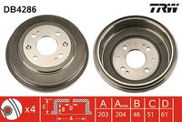 TRW DB4286 - Lado de montaje: Eje trasero<br>Peso [kg]: 4,70<br>H tamb. freno interna [mm]: 46<br>Número de taladros: 4<br>Diámetro interior de tambor de freno [mm]: 203<br>Diámetro de orificio de cubo [mm]: 61<br>long. de embalaje [cm]: 31,00<br>Ancho de embalaje [cm]: 30,00<br>h embalaje [cm]: 13,00<br>