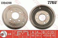 TRW DB4398 - Lado de montaje: Eje trasero<br>H tamb. freno interna [mm]: 38,7<br>Número de orificios: 4<br>Superficie: revestido<br>Diámetro de tambor [mm]: 180<br>Altura de construcción [mm]: 54<br>