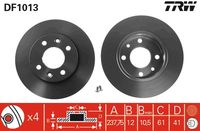 TRW DF1013 - Lado de montaje: Eje delantero<br>Diámetro exterior [mm]: 258<br>Diámetro de centrado [mm]: 61<br>Tipo de disco de frenos: ventilado<br>Altura [mm]: 44<br>Número de orificios: 4<br>Superficie: revestido<br>Espesor de disco de frenos [mm]: 22<br>Espesor mínimo [mm]: 20<br>Diámetro interior [mm]: 126,5<br>