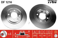 TRW DF1216 - Lado de montaje: Eje delantero<br>Diámetro exterior [mm]: 266<br>Tipo de disco de frenos: ventilado<br>Número de orificios: 4<br>Superficie: revestido<br>Espesor de disco de frenos [mm]: 20,5<br>Restricción de fabricante: TRW<br>