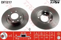 TRW DF1217 - Lado de montaje: Eje delantero<br>Diámetro exterior [mm]: 247<br>Diámetro de centrado [mm]: 66<br>Tipo de disco de frenos: macizo<br>Altura [mm]: 34<br>Número de orificios: 4<br>Superficie: revestido<br>Espesor de disco de frenos [mm]: 10<br>Restricción de fabricante: BENDIX-BOSCH<br>Espesor mínimo [mm]: 9<br>