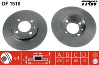 TRW DF1516 - Lado de montaje: Eje delantero<br>Diámetro exterior [mm]: 239<br>Diámetro de centrado [mm]: 65<br>Tipo de disco de frenos: macizo<br>Altura [mm]: 35,1<br>Número de orificios: 4<br>Superficie: revestido<br>Espesor de disco de frenos [mm]: 12<br>corona de agujeros - Ø [mm]: 35<br>Restricción de fabricante: ATE<br>Espesor mínimo [mm]: 10<br>