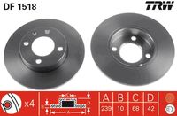 TRW DF1518 - Lado de montaje: Eje delantero<br>Clase de caja de cambios: completamente automática<br>Tipo de disco de frenos: macizo<br>Diámetro exterior [mm]: 239<br>Espesor de disco de frenos [mm]: 12<br>Espesor mínimo [mm]: 10<br>Diámetro de centrado [mm]: 65<br>Altura [mm]: 35<br>Número de orificios: 4<br>Medida de rosca: 12,6<br>corona de agujeros - Ø [mm]: 100<br>Color: negro<br>Superficie: barnizado<br>Homologación: E190R-02C0190/0541<br>SVHC: No hay información disponible, diríjase al fabricante.<br>