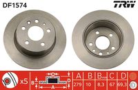 TRW DF1574 - Lado de montaje: Eje delantero<br>Tipo de disco de frenos: macizo<br>Diámetro exterior [mm]: 278<br>Espesor de disco de frenos [mm]: 12,6<br>Espesor mínimo [mm]: 10,6<br>Diámetro de centrado [mm]: 80<br>Altura [mm]: 63,3<br>Número de orificios: 5<br>Medida de rosca: 15<br>corona de agujeros - Ø [mm]: 112<br>Color: negro<br>Superficie: barnizado<br>Homologación: E1 90R-02 C0190/0527<br>SVHC: No hay información disponible, diríjase al fabricante.<br>