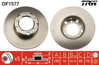 TRW DF1577 - Lado de montaje: Eje delantero<br>Espesor de disco de frenos [mm]: 14,4<br>Diámetro exterior [mm]: 280<br>Tipo de disco de frenos: macizo<br>Altura [mm]: 78,6<br>Diámetro de centrado [mm]: 88<br>corona de agujeros - Ø [mm]: 112<br>Tipo de eje: Front<br>Nº de información técnica: 78BD4280-1<br>Homologación: E1 90R-02C0415/0093<br>Homologación: E4 90R-02C0728/2611<br>Diámetro [mm]: 88<br>Espesor [mm]: 16<br>Espesor mínimo [mm]: 14,4<br>Diseño/cantidad de taladros: 5<br>Peso [kg]: 7164,000<br>