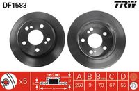 TRW DF1583 - Lado de montaje: Eje trasero<br>Diámetro exterior [mm]: 258<br>Diámetro de centrado [mm]: 67<br>Tipo de disco de frenos: macizo<br>Altura [mm]: 55,5<br>Número de orificios: 5<br>Superficie: revestido<br>Espesor de disco de frenos [mm]: 9<br>Espesor mínimo [mm]: 7,3<br>