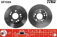 TRW DF1584 - Lado de montaje: Eje trasero<br>Tipo de disco de frenos: macizo<br>Diámetro exterior [mm]: 258<br>Espesor de disco de frenos [mm]: 9<br>Espesor mínimo [mm]: 7,3<br>Diámetro de centrado [mm]: 67<br>Altura [mm]: 53,5<br>Número de orificios: 5<br>Medida de rosca: 15,6<br>corona de agujeros - Ø [mm]: 112<br>Diámetro de tambor [mm]: 164<br>Procesamiento: altamente carbonizado<br>Color: negro<br>Superficie: barnizado<br>Homologación: E1 90R-02 C0204/0283<br>SVHC: No hay información disponible, diríjase al fabricante.<br>