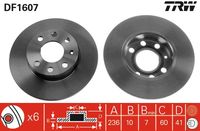 TRW DF1607 - Lado de montaje: Eje delantero<br>Altura [mm]: 41<br>Tipo de disco de frenos: macizo<br>Espesor de disco de frenos [mm]: 10<br>Espesor mínimo [mm]: 7<br>Número de taladros: 1<br>Diámetro exterior [mm]: 236<br>Número de orificios: 6<br>Diámetro de centrado [mm]: 60<br>corona de agujeros - Ø [mm]: 100<br>Superficie: revestido<br>