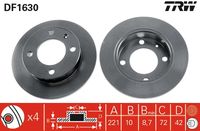 TRW DF1630 - Lado de montaje: Eje delantero<br>Diámetro exterior [mm]: 221<br>Diámetro de centrado [mm]: 72<br>Tipo de disco de frenos: macizo<br>Altura [mm]: 42<br>Número de orificios: 4<br>Superficie: revestido<br>Espesor de disco de frenos [mm]: 10<br>Espesor mínimo [mm]: 8,7<br>