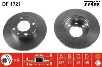 TRW DF1721 - Lado de montaje: Eje delantero<br>Diámetro exterior [mm]: 227<br>Diámetro de centrado [mm]: 62<br>Tipo de disco de frenos: macizo<br>Altura [mm]: 45,7<br>Número de orificios: 4<br>Superficie: revestido<br>Espesor de disco de frenos [mm]: 10,8<br>Espesor mínimo [mm]: 9<br>