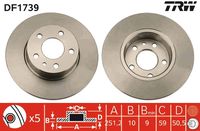 TRW DF1739 - Lado de montaje: Eje delantero<br>Diámetro exterior [mm]: 284<br>Diámetro de centrado [mm]: 59<br>Tipo de disco de frenos: ventilado<br>Altura [mm]: 43,6<br>Número de orificios: 5<br>Superficie: revestido<br>Espesor de disco de frenos [mm]: 22<br>Restricción de fabricante: TRW<br>Espesor mínimo [mm]: 20,2<br>