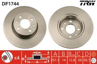 TRW DF1744 - Lado de montaje: Eje delantero<br>Tipo de disco de frenos: ventilado<br>Diámetro exterior [mm]: 258<br>Espesor de disco de frenos [mm]: 22<br>Espesor mínimo [mm]: 20,2<br>Diámetro de centrado [mm]: 59<br>Altura [mm]: 51<br>Número de orificios: 4<br>Medida de rosca: 13<br>corona de agujeros - Ø [mm]: 98<br>Color: negro<br>Superficie: barnizado<br>Homologación: E190R-02C0176/0520<br>SVHC: No hay información disponible, diríjase al fabricante.<br>