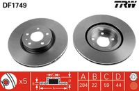 TRW DF1749 - Lado de montaje: Eje trasero<br>Tipo de disco de frenos: macizo<br>Diámetro exterior [mm]: 252<br>Espesor de disco de frenos [mm]: 10<br>Espesor mínimo [mm]: 9<br>Diámetro de centrado [mm]: 59<br>Altura [mm]: 50,5<br>Número de orificios: 5<br>Medida de rosca: 13<br>corona de agujeros - Ø [mm]: 98<br>Color: negro<br>Superficie: barnizado<br>Homologación: E190R-02C0190/0126<br>SVHC: No hay información disponible, diríjase al fabricante.<br>