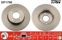 TRW DF1790 - Lado de montaje: Eje delantero<br>Superficie: barnizado<br>Tipo de disco de frenos: macizo<br>Diámetro exterior [mm]: 257<br>Espesor de disco de frenos [mm]: 14<br>Espesor mínimo [mm]: 12,8<br>Diámetro de centrado [mm]: 59<br>Altura [mm]: 51<br>Número de orificios: 4<br>Medida de rosca: 13<br>corona de agujeros - Ø [mm]: 98<br>Color: negro<br>Homologación: E1 90R-02 C0190/0680<br>SVHC: No hay información disponible, diríjase al fabricante.<br>