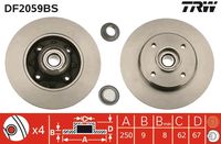 TRW DF2059BS - Lado de montaje: Eje trasero<br>País producción vehículo: China<br>Diámetro exterior [mm]: 249<br>Diámetro de centrado [mm]: 60<br>Tipo de disco de frenos: macizo<br>Altura [mm]: 67,2<br>Número de orificios: 4<br>Superficie: revestido<br>Espesor de disco de frenos [mm]: 9<br>Artículo complementario / información complementaria 2: sin cojinete rueda<br>Restricción de fabricante: BOSCH<br>Espesor mínimo [mm]: 8<br>