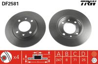 TRW DF2581 - Lado de montaje: Eje delantero<br>Tipo de disco de frenos: macizo<br>Diámetro exterior [mm]: 247<br>Espesor de disco de frenos [mm]: 10<br>Espesor mínimo [mm]: 9<br>Diámetro de centrado [mm]: 66<br>Altura [mm]: 34,2<br>Número de orificios: 4<br>Medida de rosca: 13<br>corona de agujeros - Ø [mm]: 108<br>Color: negro<br>Superficie: barnizado<br>Homologación: E190R-02C0190/0563<br>Artículo complementario / información complementaria 2: con tornillos<br>SVHC: No hay información disponible, diríjase al fabricante.<br>