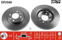 TRW DF2586 - Lado de montaje: Eje delantero<br>Tipo de disco de frenos: macizo<br>Diámetro exterior [mm]: 238<br>Espesor de disco de frenos [mm]: 12<br>Espesor mínimo [mm]: 10,5<br>Diámetro de centrado [mm]: 61<br>Altura [mm]: 41<br>Número de orificios: 4<br>Medida de rosca: 12,6<br>corona de agujeros - Ø [mm]: 100<br>Color: negro<br>Superficie: barnizado<br>Homologación: E190R-02C0190/0541<br>SVHC: No hay información disponible, diríjase al fabricante.<br>