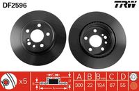 TRW DF2596 - Lado de montaje: Eje delantero<br>Tipo de disco de frenos: ventilado<br>Diámetro exterior [mm]: 320<br>Espesor de disco de frenos [mm]: 30<br>Espesor mínimo [mm]: 27,4<br>Diámetro de centrado [mm]: 67<br>Altura [mm]: 82<br>Número de orificios: 5<br>Medida de rosca: 17<br>corona de agujeros - Ø [mm]: 112<br>Color: negro<br>Superficie: barnizado<br>Homologación: E190R-02C0176/0037<br>SVHC: No hay información disponible, diríjase al fabricante.<br>