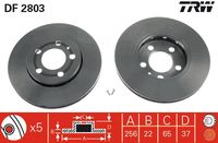 TRW DF2803 - Lado de montaje: Eje delantero<br>Número de PR: 1LN<br>Número de PR: 1ZH<br>Número de PR: 1ZE<br>Número de PR: 1ZD<br>Diámetro exterior [mm]: 288<br>Tipo de disco de frenos: ventilado<br>Altura [mm]: 34,4<br>Número de orificios: 5<br>Superficie: revestido<br>Espesor de disco de frenos [mm]: 25<br>corona de agujeros - Ø [mm]: 100<br>Restricción de fabricante: TRW<br>Espesor mínimo [mm]: 22<br>Diseño/cantidad de taladros: 5/6<br>