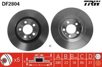 TRW DF2804 - Lado de montaje: Eje delantero<br>Número de PR: 1LQ<br>Tipo de disco de frenos: ventilado<br>Diámetro exterior [mm]: 256<br>Espesor de disco de frenos [mm]: 22<br>Espesor mínimo [mm]: 19<br>Diámetro de centrado [mm]: 65<br>Altura [mm]: 37<br>Número de orificios: 5<br>Medida de rosca: 16<br>corona de agujeros - Ø [mm]: 100<br>Procesamiento: altamente carbonizado<br>Color: negro<br>Superficie: barnizado<br>Homologación: E1 90R-02 C0185/2514<br>SVHC: No hay información disponible, diríjase al fabricante.<br>