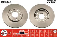 TRW DF4048 - Lado de montaje: Eje delantero<br>Diámetro exterior [mm]: 280<br>Tipo de disco de frenos: ventilado<br>Número de orificios: 4<br>Superficie: revestido<br>Espesor de disco de frenos [mm]: 25<br>Espesor mínimo [mm]: 22<br>