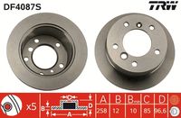 TRW DF4087S - Lado de montaje: Eje delantero<br>Tipo de disco de frenos: ventilado<br>Diámetro exterior [mm]: 276<br>Espesor de disco de frenos [mm]: 22<br>Espesor mínimo [mm]: 19<br>Diámetro de centrado [mm]: 85<br>Altura [mm]: 77<br>Número de orificios: 5<br>Medida de rosca: 15<br>corona de agujeros - Ø [mm]: 130<br>Color: negro<br>Superficie: barnizado<br>Homologación: E190R-02C0176/0569<br>SVHC: No hay información disponible, diríjase al fabricante.<br>