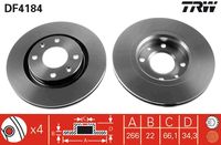 TRW DF4184 - Lado de montaje: Eje delantero<br>Diámetro exterior [mm]: 266<br>Diámetro de centrado [mm]: 66<br>Tipo de disco de frenos: ventilado<br>Altura [mm]: 34<br>Número de orificios: 4<br>Superficie: revestido<br>Espesor de disco de frenos [mm]: 22<br>Tipo de freno: Discos<br>Restricción de fabricante: BOSCH<br>Altura de construcción [mm]: 34<br>