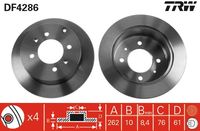 TRW DF4286 - Lado de montaje: Eje delantero<br>año construcción hasta: 05/2001<br>Dinámica de frenado / conducción: para vehículos con ABS<br>Tipo de disco de frenos: ventilado<br>Diámetro exterior [mm]: 257<br>Espesor de disco de frenos [mm]: 24<br>Espesor mínimo [mm]: 22,4<br>Diámetro de centrado [mm]: 69<br>Altura [mm]: 45,5<br>Número de orificios: 4<br>Medida de rosca: 12,7<br>corona de agujeros - Ø [mm]: 114,3<br>Color: negro<br>Superficie: barnizado<br>Homologación: E1 90R-02 C0176/0531<br>SVHC: No hay información disponible, diríjase al fabricante.<br>