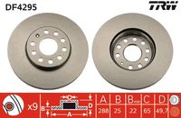 TRW DF4295 - Lado de montaje: Eje delantero<br>Número de PR: 1ZA<br>Número de PR: 1ZD<br>Diámetro exterior [mm]: 312<br>Tipo de disco de frenos: ventilado<br>Altura [mm]: 49,9<br>Número de orificios: 5<br>Superficie: revestido<br>Espesor de disco de frenos [mm]: 25<br>corona de agujeros - Ø [mm]: 112<br>Restricción de fabricante: ATE<br>Espesor mínimo [mm]: 22<br>