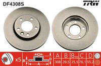 TRW DF4308S - Lado de montaje: Eje trasero<br>Diámetro exterior [mm]: 294<br>Tipo de disco de frenos: ventilado<br>Número de orificios: 5<br>Superficie: revestido<br>Espesor de disco de frenos [mm]: 22<br>