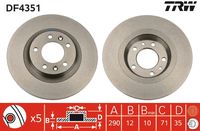 TRW DF4351 - Lado de montaje: Eje trasero<br>Diámetro exterior [mm]: 290<br>Tipo de disco de frenos: macizo<br>Altura [mm]: 35<br>Número de orificios: 5<br>Superficie: revestido<br>Espesor de disco de frenos [mm]: 12<br>Restricción de fabricante: TRW<br>Espesor mínimo [mm]: 10<br>