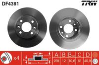 TRW DF4381 - Lado de montaje: Eje delantero<br>Tipo de disco de frenos: ventilado<br>Diámetro exterior [mm]: 259<br>Espesor de disco de frenos [mm]: 20,6<br>Espesor mínimo [mm]: 17,7<br>Diámetro de centrado [mm]: 61<br>Altura [mm]: 41<br>Número de orificios: 4<br>Medida de rosca: 13<br>corona de agujeros - Ø [mm]: 100<br>Color: negro<br>Superficie: barnizado<br>Homologación: E190R-02C0176/0520<br>SVHC: No hay información disponible, diríjase al fabricante.<br>