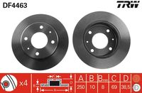 TRW DF4463 - Lado de montaje: Eje delantero<br>Tipo de disco de frenos: ventilado<br>Diámetro exterior [mm]: 256<br>Espesor de disco de frenos [mm]: 24<br>corona de agujeros - Ø [mm]: 114<br>Medida de rosca: 12,6<br>Espesor mínimo [mm]: 21,5<br>Altura [mm]: 45,6<br>Diámetro de centrado [mm]: 69<br>Número de orificios: 4<br>Color: negro<br>Superficie: barnizado<br>Procesamiento: altamente carbonizado<br>Homologación: E190R-02C0185/0096<br>SVHC: No hay información disponible, diríjase al fabricante.<br>