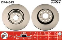 TRW DF4464S - Lado de montaje: Eje delantero<br>Número de PR: 1ZE<br>Tipo de disco de frenos: ventilado<br>Diámetro exterior [mm]: 288<br>Espesor de disco de frenos [mm]: 25<br>Espesor mínimo [mm]: 22<br>Diámetro de centrado [mm]: 65<br>Altura [mm]: 49,5<br>Número de orificios: 9<br>Medida de rosca: 15,5<br>corona de agujeros - Ø [mm]: 112<br>Procesamiento: altamente carbonizado<br>Color: negro<br>Superficie: barnizado<br>Homologación: E190R-02C0176/0490<br>SVHC: No hay información disponible, diríjase al fabricante.<br>