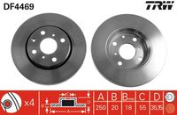 TRW DF4469 - Lado de montaje: Eje delantero<br>Diámetro exterior [mm]: 247<br>Tipo de disco de frenos: ventilado<br>Número de orificios: 4<br>Superficie: revestido<br>Espesor de disco de frenos [mm]: 20<br>Espesor mínimo [mm]: 18<br>