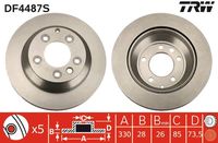 TRW DF4487S - Lado de montaje: Eje trasero<br>Diámetro exterior [mm]: 330<br>Diámetro de centrado [mm]: 84<br>Tipo de disco de frenos: ventilado<br>Altura [mm]: 74,3<br>Número de orificios: 5<br>Superficie: revestido<br>Espesor de disco de frenos [mm]: 28<br>Tamaño de llanta [pulgada]: 17<br>Espesor mínimo [mm]: 26<br>