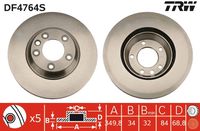 TRW DF4764S - Lado de montaje: Eje delantero, derecha<br>Variante de equipamiento: I1LN<br>Tipo de disco de frenos: ventilado<br>Diámetro exterior [mm]: 350<br>Espesor de disco de frenos [mm]: 34<br>Espesor mínimo [mm]: 32<br>Número de orificios: 5<br>Altura [mm]: 68,8<br>Diámetro de centrado [mm]: 85<br>corona de agujeros - Ø [mm]: 130<br>Medida de rosca: 15,4<br>Color: negro<br>Superficie: barnizado<br>Procesamiento: altamente carbonizado<br>Referencia artículo par: DF4764S<br>Homologación: E1 90R-02 C0176/0654<br>SVHC: No hay información disponible, diríjase al fabricante.<br>