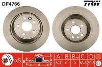 TRW DF4766 - Lado de montaje: Eje delantero<br>Diámetro exterior [mm]: 300<br>Tipo de disco de frenos: ventilado<br>Altura [mm]: 52<br>Número de orificios: 5<br>Superficie: revestido<br>Espesor de disco de frenos [mm]: 28<br>Diám. de puntos de sujeción [mm]: 15,75<br>Espesor mínimo [mm]: 26<br>