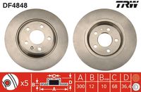 TRW DF4848 - Lado de montaje: Eje delantero<br>Número de PR: 1LJ<br>Diámetro exterior [mm]: 345<br>Tipo de disco de frenos: ventilado<br>Altura [mm]: 52,4<br>Número de orificios: 5<br>Superficie: revestido<br>Espesor de disco de frenos [mm]: 30<br>Restricción de fabricante: TRW<br>Espesor mínimo [mm]: 28<br>