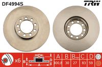 TRW DF4994S - Lado de montaje: Eje trasero<br>Tipo de disco de frenos: macizo<br>Diámetro exterior [mm]: 296<br>Espesor de disco de frenos [mm]: 16<br>Espesor mínimo [mm]: 13<br>Número de orificios: 6<br>Altura [mm]: 69,5<br>Medida de rosca: 15,6<br>Diámetro de centrado [mm]: 76<br>corona de agujeros - Ø [mm]: 125<br>Color: negro<br>Superficie: barnizado<br>Homologación: E190R-02C0190/0640<br>SVHC: No hay información disponible, diríjase al fabricante.<br>