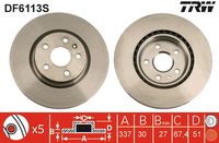 TRW DF6113S - Lado de montaje: Eje trasero<br>Tamaño freno: 17"<br>Tamaño freno: 18"<br>Tipo de disco de frenos: ventilado<br>Diámetro exterior [mm]: 315<br>Espesor de disco de frenos [mm]: 23<br>Espesor mínimo [mm]: 21,5<br>Número de orificios: 5<br>Altura [mm]: 48<br>Diámetro de centrado [mm]: 67<br>corona de agujeros - Ø [mm]: 120<br>Medida de rosca: 16,3<br>Color: negro<br>Superficie: barnizado<br>Homologación: E190R-02 C0176/0611<br>SVHC: No hay información disponible, diríjase al fabricante.<br>