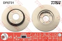 TRW DF6731 - Lado de montaje: Eje trasero<br>Tipo de disco de frenos: macizo<br>Número de orificios: 5<br>Diámetro exterior [mm]: 265<br>Diámetro de centrado [mm]: 68<br>Altura [mm]: 39<br>Espesor de disco de frenos [mm]: 9<br>Espesor mínimo [mm]: 7<br>corona de agujeros - Ø [mm]: 114,3<br>Diámetro de orificio 1 [mm]: 13,3<br>Rosca 2: M8<br>Color: negro<br>Superficie: barnizado<br>Homologación: E1 90R-02 C0190/0537<br>