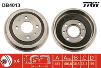 TRW DB4013 - Lado de montaje: Eje trasero<br>Diámetro de tambor [mm]: 185<br>H tamb. freno interna [mm]: 36<br>Número de orificios: 4<br>corona de agujeros - Ø [mm]: 98<br>Rebajado máx. tambor de freno [mm]: 186,8<br>