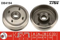 ATE 480178 - Lado de montaje: Eje trasero<br>Diámetro interior de tambor de freno [mm]: 254<br>H tamb. freno interna [mm]: 70<br>H tamb. freno total [mm]: 103<br>Llanta, nº de taladros: 4<br>Diám. buje de rueda [mm]: 52<br>Diámetro exterior del tambor de freno [mm]: 291<br>Peso [kg]: 11<br>corona de agujeros - Ø [mm]: 160<br>Diám. buje de rueda 2[mm]: 72<br>